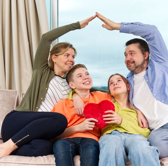 Happy family with kids sit on sofa in living room have fun using laptop together, smiling parents rest on couch enjoy weekend with childrens laugh watch video on computer at home
